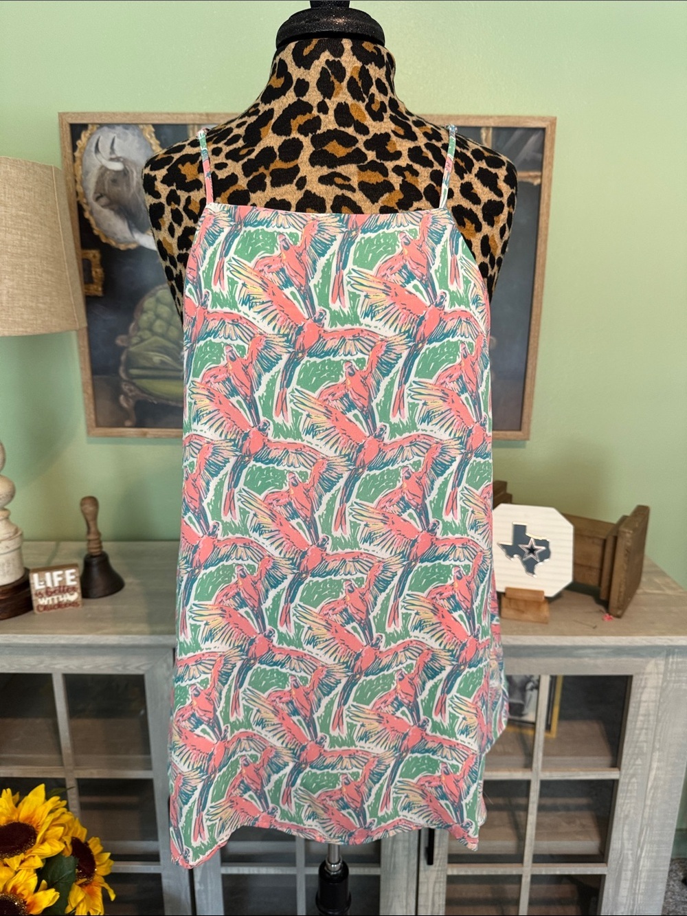 Lauren James Tropical Print A-Line Women's Top in Coral and Green NWT
